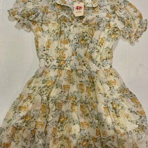 ENTRO Floral Dress size L yellow, green, tan and brown  ruffle boho short NWT